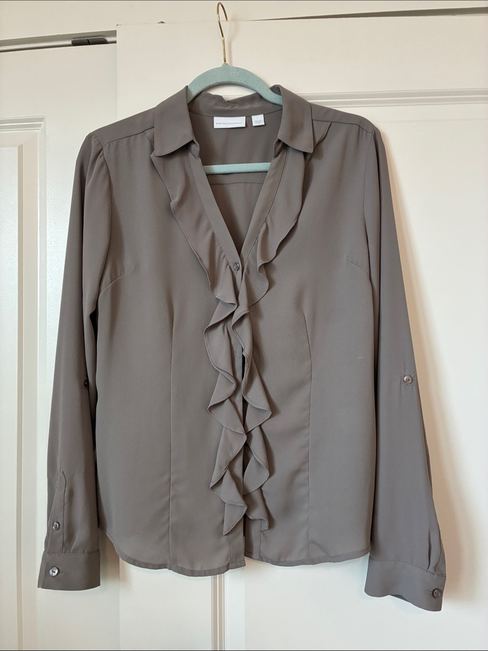 New York & Company Taupe Ruffle-Front Blouse